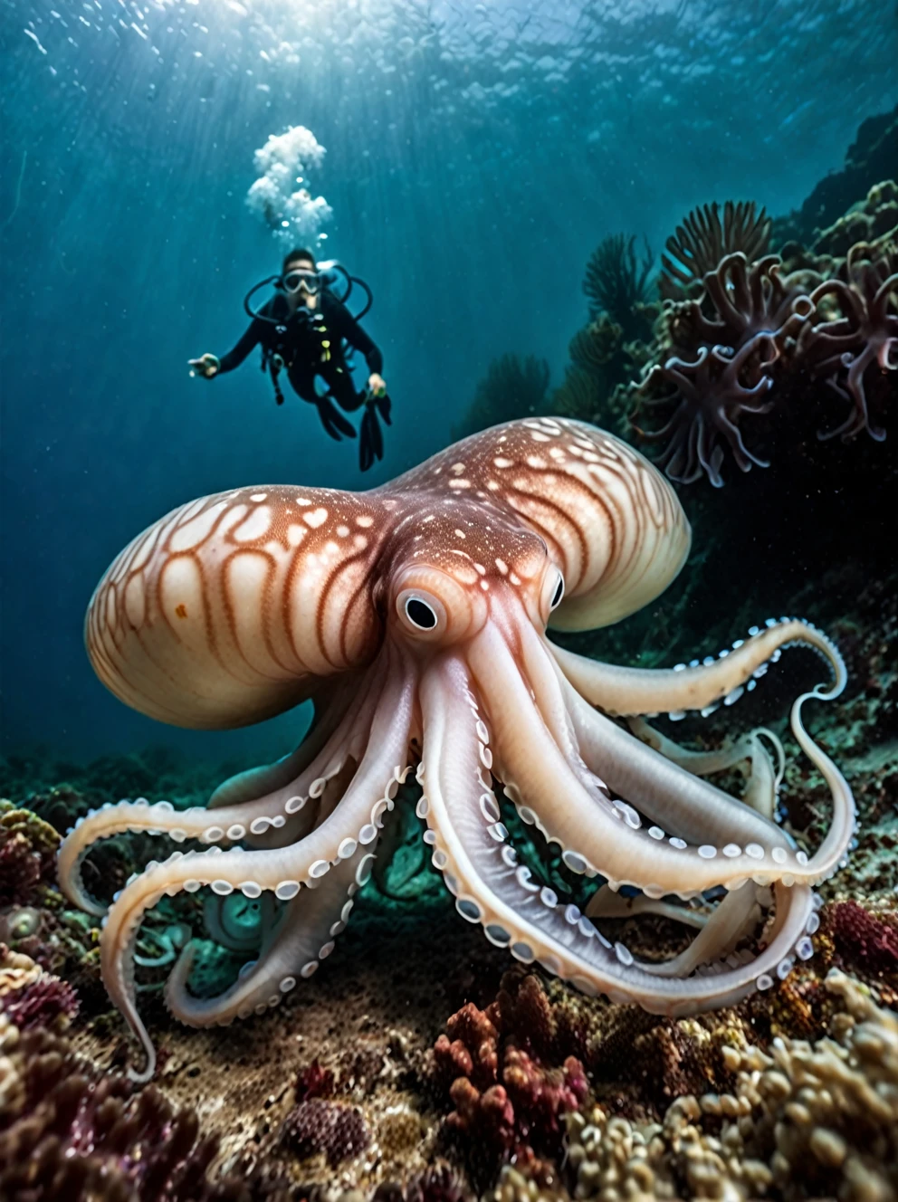 photo focus on squid focus, outdoors, realistic scenery, underwater, giant squid, nautilus-style. very wide shot, character photo portrait, film, professional, highly detailed, 