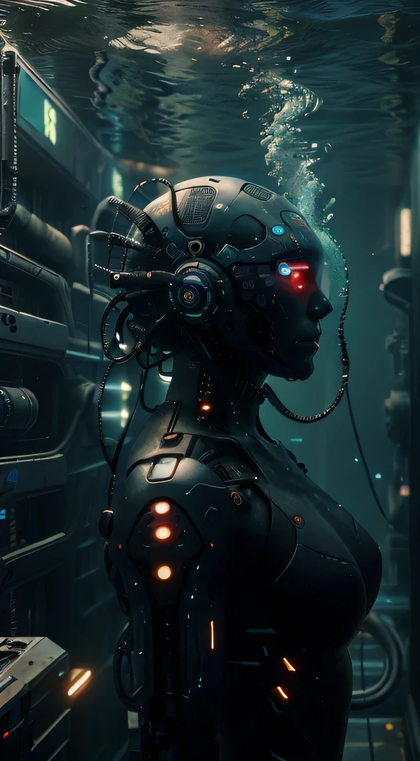 Original photo by C7b3rp0nkStyle,An advanced submarine is exploring the depths of the radiation-contaminated ocean, Cyberpunk, (masterpiece:1.3) (best quality:1.2) (high quality:1.1)The deep sea
