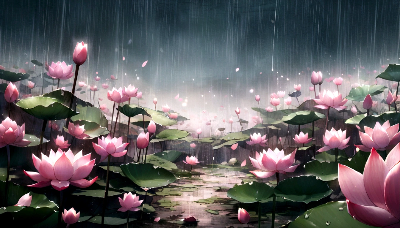 Lotus on the wasteland,Flower petals falling in the rain