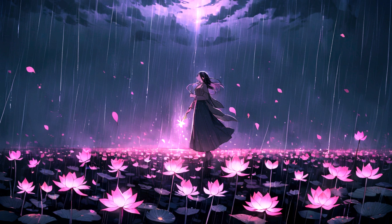 Lotus on the wasteland，Flower petals falling in the rain