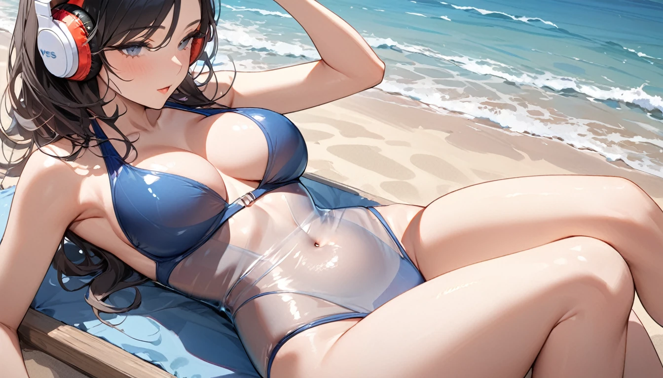 ((Top Quality)), ((Masterpiece)), ((Detail)), Perfect face, Perfact bodty, sitting on the beach, listening to music, wearing headphones, wearing swimsuits, swimsuits are transparent, ????????? Sitting wide open, wearing tight clothing (yes, ???????? and ??????? are exposed). I see a face, one women