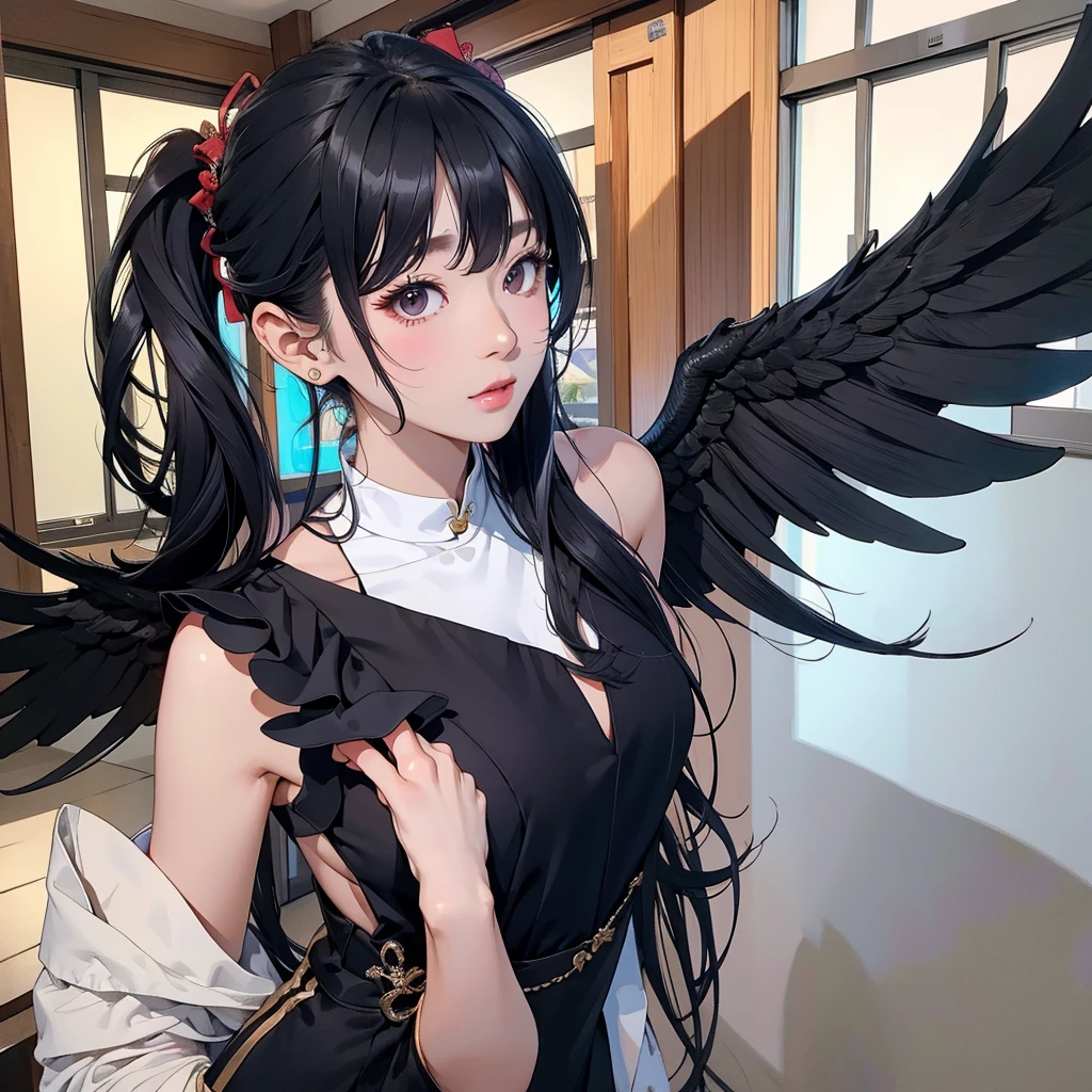 Highest quality、masterpiece、High sensitivity、High resolution、Detailed Description、Slim Body、perl hair、black dressed、wing ear