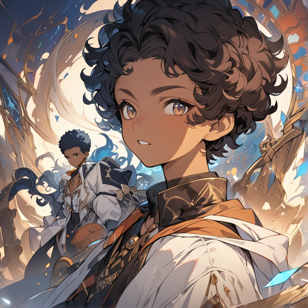 (A masterpiece, high quality, detailed CG 8k wallpaper and exquisite illustration) Miguel, a young and talented Afro-Latino sorcerer: dark, thin, curly haired, , with heterochrony, (protagonist).