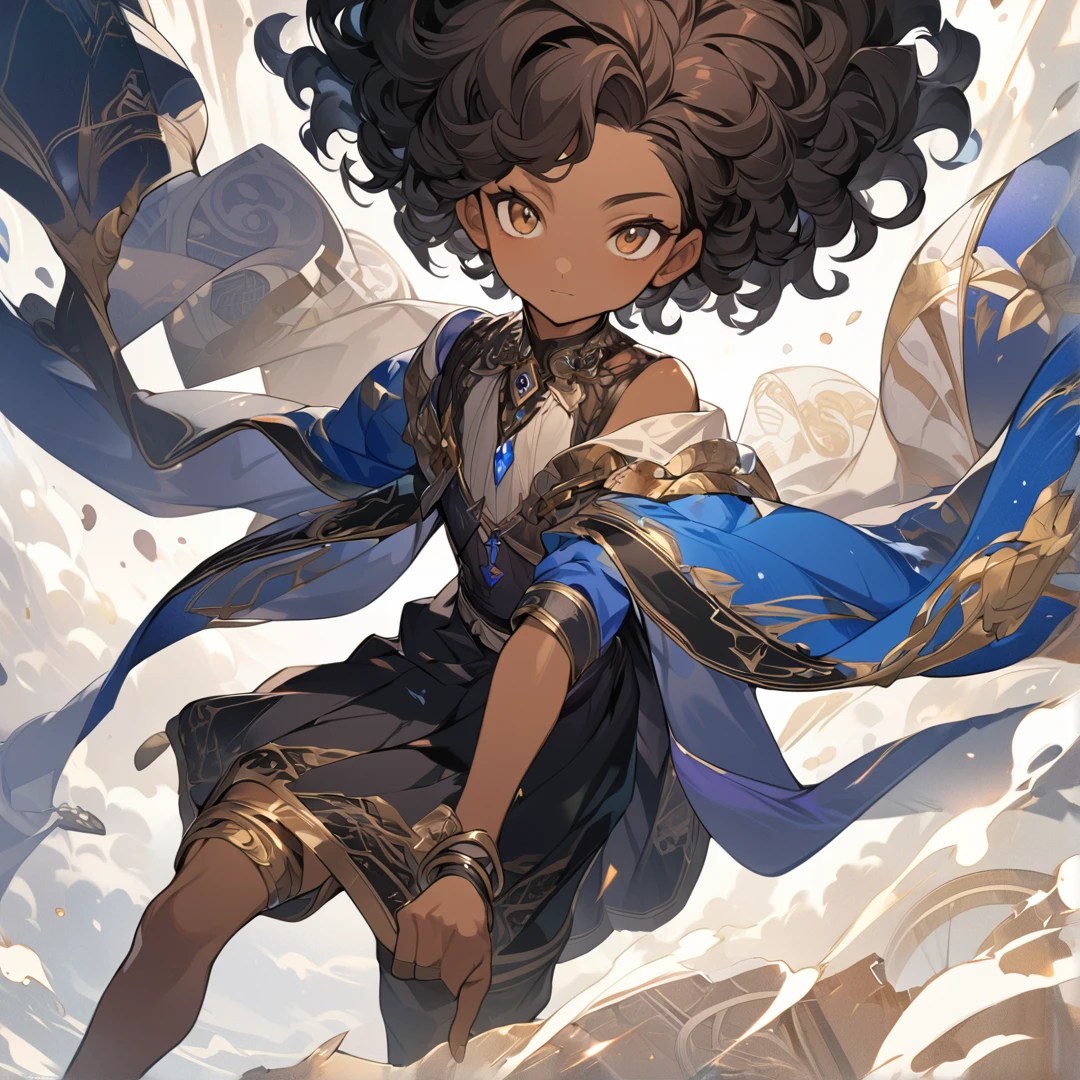 (A masterpiece, high quality, detailed CG 8k wallpaper and exquisite illustration) Miguel, a young and talented Afro-Latino sorcerer: dark, thin, curly haired, 17 years old, with heterochrony, (protagonist).