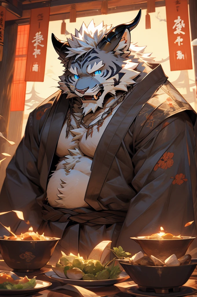 head、Animal cat face、A pair of dragon horns,Fluffy white hair all over the body、Heavy breathing、Gnashing of teeth,Serious expression,Fluffy belly、Leather Armor,wildcat、blue eyes,(contour)The whole body is covered with long white hair、Hairy body、Fangs、4K,Chinese style ancient house,Sharp claws、Capture the composition of the whole body、Gray robe,(Messy 1.4),