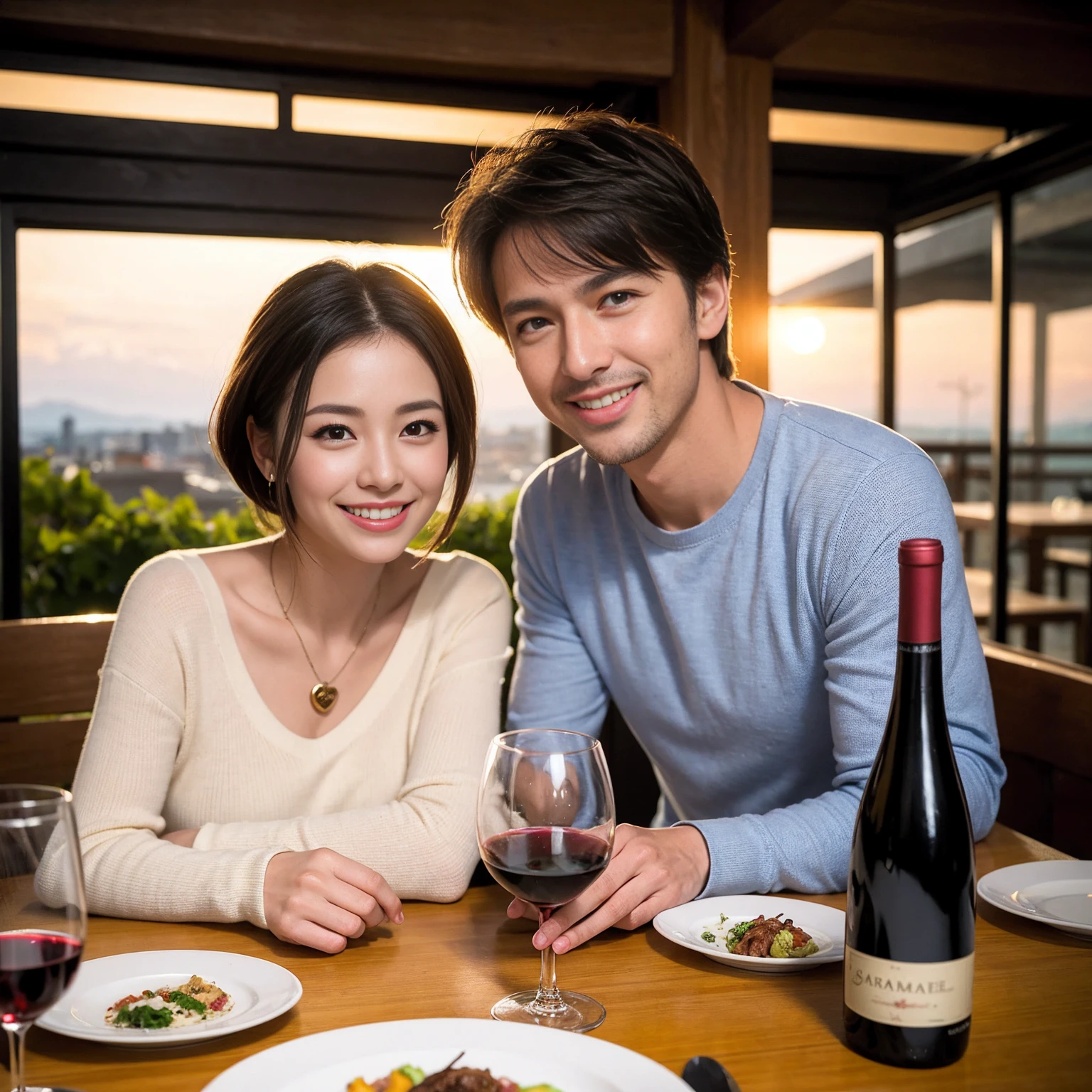 ((Highest quality、8K、masterpiece:1.3))、 (Ultra-realistic、 Genuine、Bright image、Intricate details:1.2), 最高のsmile、1 male、1 female、Beautiful couple、love love love、Lover in Hokkaido、Good friends、actress couple、smile、Full-course dinner at a packed table、 (Slim face), (the body is slim), (Brown Hair), (short hair), テーブルのwine glass、Please shine a light on my face、 Amazing view of the sunset sky and clouds、 39 years old, red wine 、Wine bottle、sparkling wine、Long sleeve shirt、dress、White wine, red wine, wine glass, 