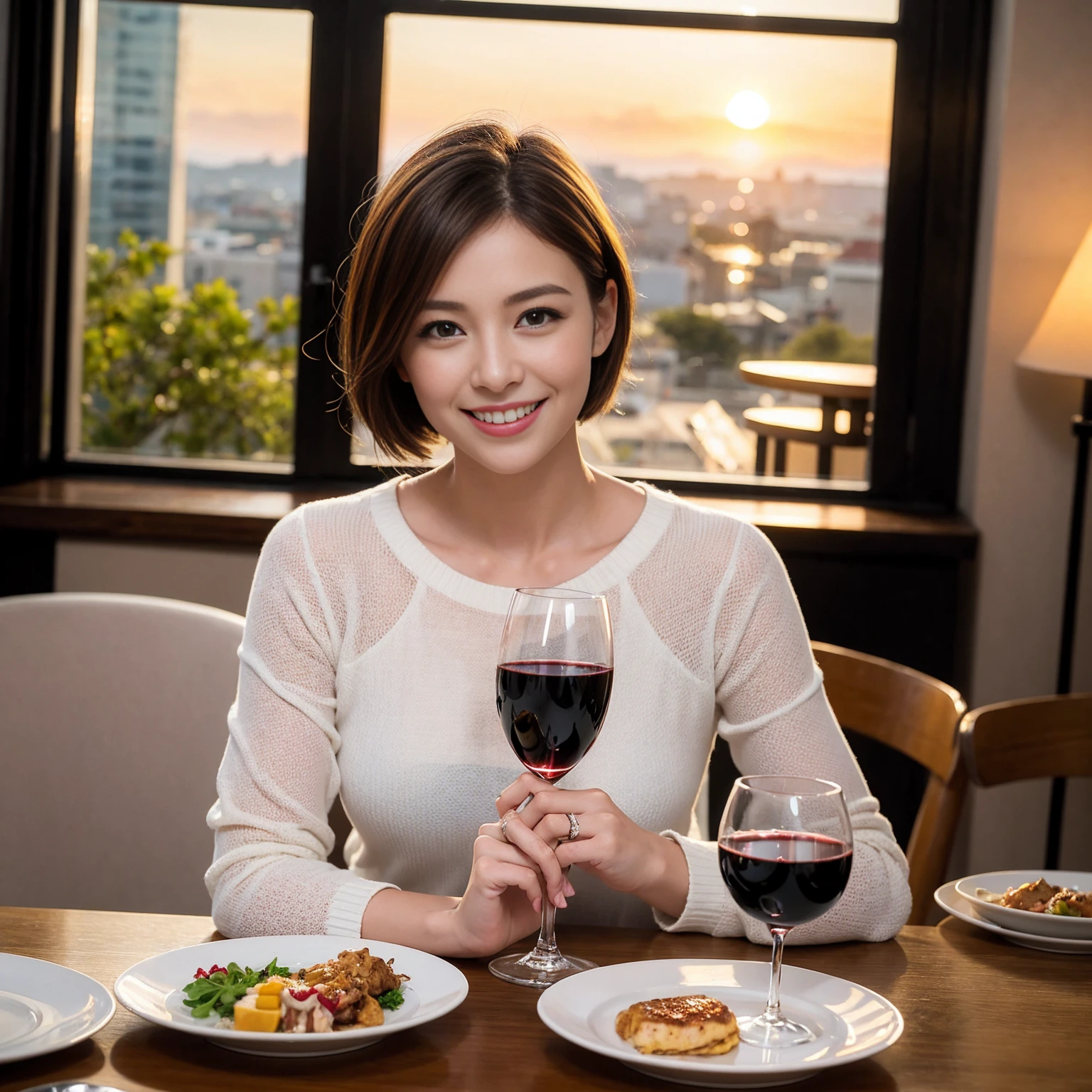 ((Highest quality、8K、masterpiece:1.3))、 (Ultra-realistic、 Genuine、Bright image、Intricate details:1.2), 最高のsmile、1 male、1 female、Beautiful couple、love love love、Lover in Hokkaido、Good friends、actress couple、smile、Full-course dinner at a packed table、 (Slim face), (the body is slim), (Brown Hair), (short hair), テーブルのwine glass、Please shine a light on my face、 Amazing view of the sunset sky and clouds、 39 years old, red wine 、Wine bottle、sparkling wine、Long sleeve shirt、dress、White wine, red wine, wine glass,
