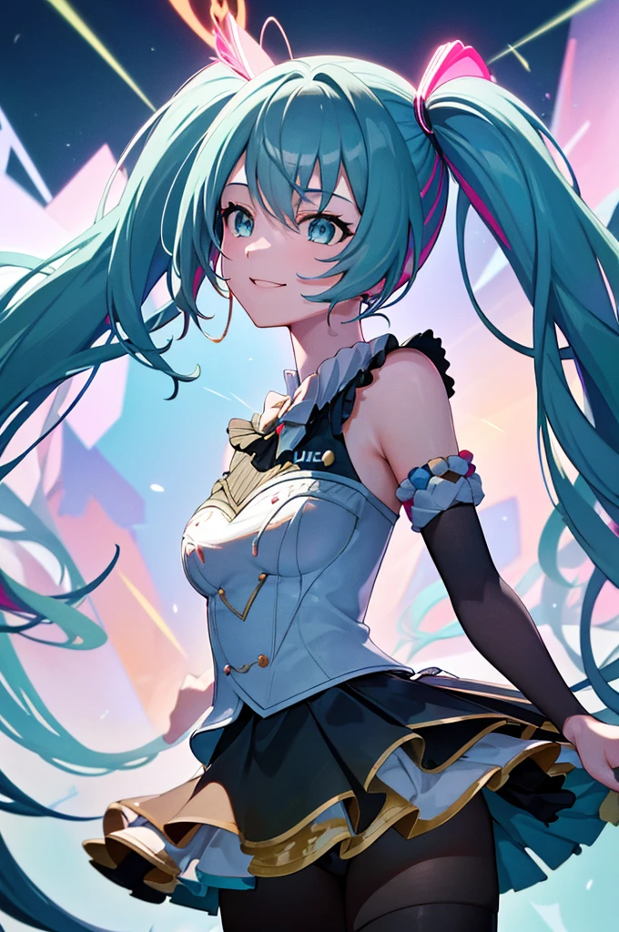 (Highest quality, 4K, 8k, High resolution, masterpiece:1.1), Very detailed, (Realistic, photoRealistic, photo-Realistic:1.37), expressive aesthetics, 1960s counterculture, Brightly colored humanoid, Psychedelic Art,  art style, Sharp details, abstract pattern, , , , psychedelic Background, , , Fractal Art, Multicolored neon lights, A unique and trippy perspective, landscape, Hallucinations, a mind-changing experience, Motion Blur, Fluid movement, Synthesizer Sounds, Realistic fur rendering, Rich and vibrant color palette, , Mysterious glow, high contrast lighting, , Both eyes are the same size, One Girl, alone, , , , , Wet, Glowing Skin, , , , , , , , Red cheeks, , , , , , Beautiful , , , , , Shiny rosy lips,  posture, Dynamic pose,Lens flare, Hatsune Miku, , cyan hair, ， compressions，, , , , ,  slave, e, , , , , , black pantyhose,  smile, From Below, Low Angle, well endowed