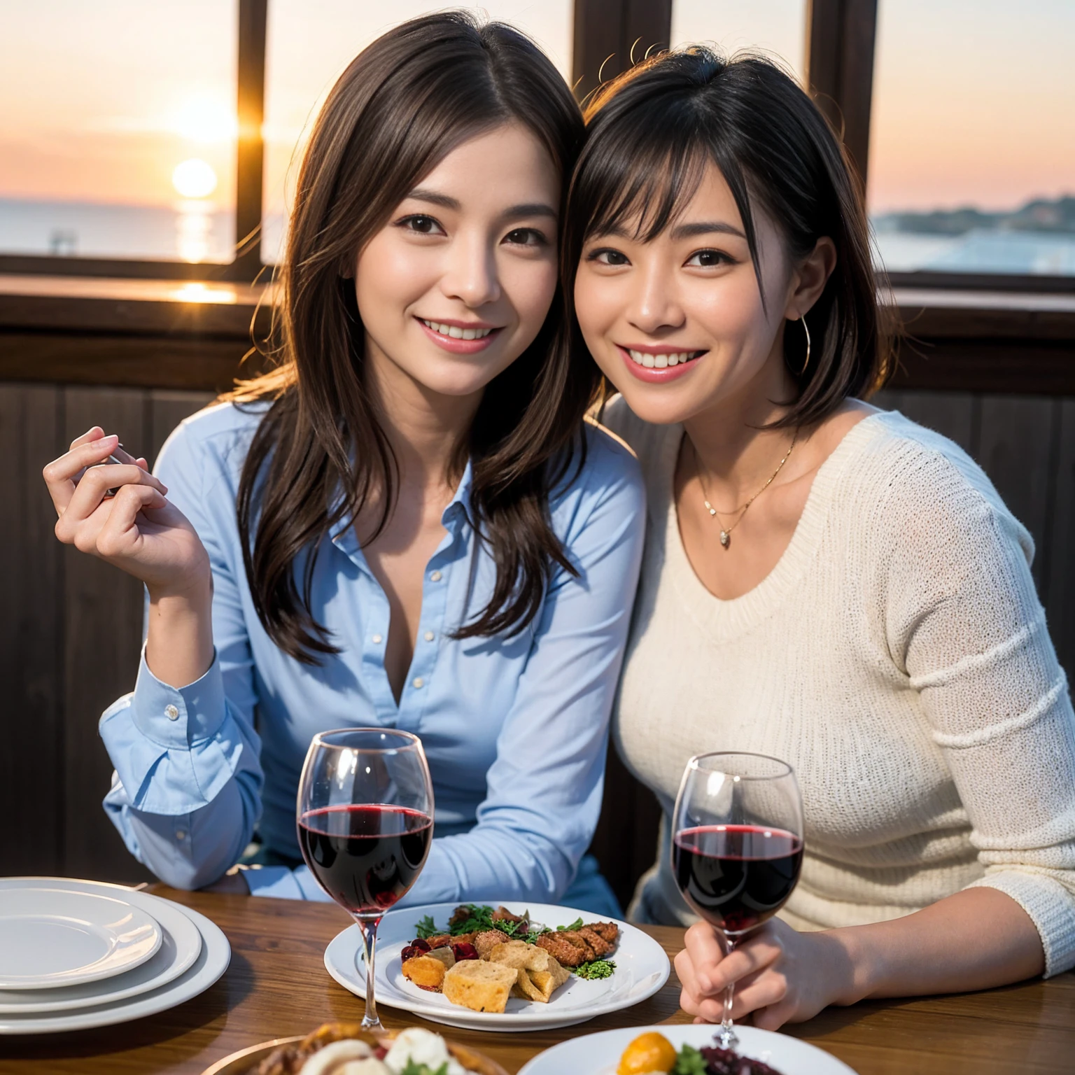 ((Highest quality、8K、masterpiece:1.3))、 (Ultra-realistic、 Genuine、Bright image、Intricate details:1.2), 最高のsmile、1 male、1 female、Beautiful couple、love love love、A lover who resembles Miki Nakatani、Good friends、actress couple、smile、Full-course dinner at a packed table、 (Slim face), (the body is slim), (Brown Hair), (short hair), テーブルのwine glass、Please shine a light on my face、 Amazing view of the sunset sky and clouds、36 years old 39 years old, red wine 、Appetizers、Wine bottle、sparkling wine、Long sleeve shirt、dress、White wine, red wine, wine glass,