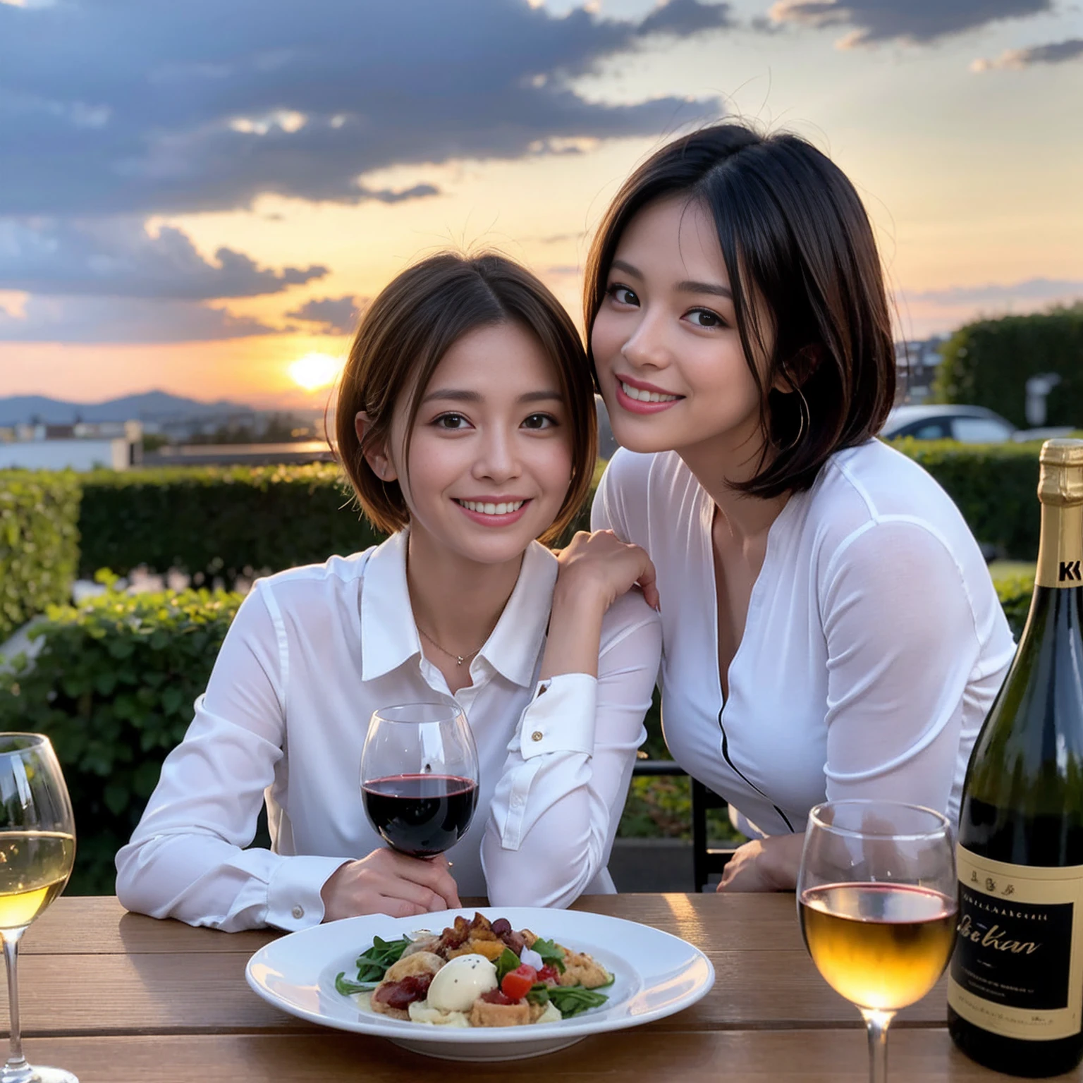 ((Highest quality、8K、masterpiece:1.3))、 (Ultra-realistic、 Genuine、Bright image、Intricate details:1.2), 最高のsmile、1 male、1 female、Beautiful couple、love love love、A lover who resembles Miki Nakatani、Good friends、actress couple、smile、Full-course dinner at a packed table、 (Slim face), (the body is slim), (Brown Hair), (short hair), テーブルのwine glass、Please shine a light on my face、 Amazing view of the sunset sky and clouds、36 years old 39 years old, red wine 、Appetizers、Wine bottle、sparkling wine、Long sleeve shirt、dress、White wine, red wine, wine glass, 