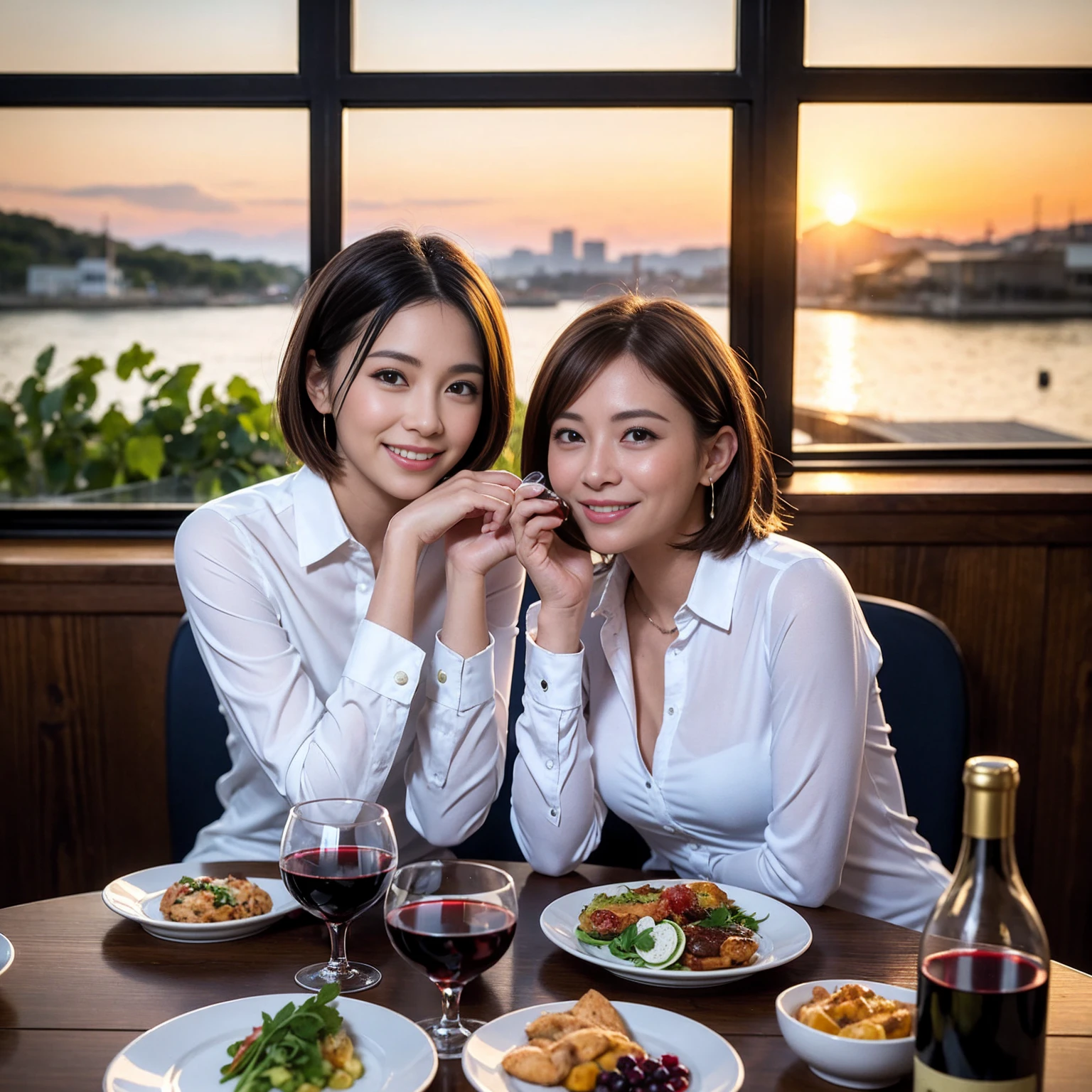 ((Highest quality、8K、masterpiece:1.3))、 (Ultra-realistic、 Genuine、Bright image、Intricate details:1.2), 最高のsmile、1 male、1 female、Beautiful couple、love love love、A lover who resembles Miki Nakatani、Good friends、actress couple、smile、Full-course dinner at a packed table、 (Slim face), (the body is slim), (Brown Hair), (short hair), テーブルのwine glass、Please shine a light on my face、 Amazing view of the sunset sky and clouds、36 years old 39 years old, red wine 、Appetizers、Wine bottle、sparkling wine、Long sleeve shirt、dress、White wine, red wine, wine glass, 