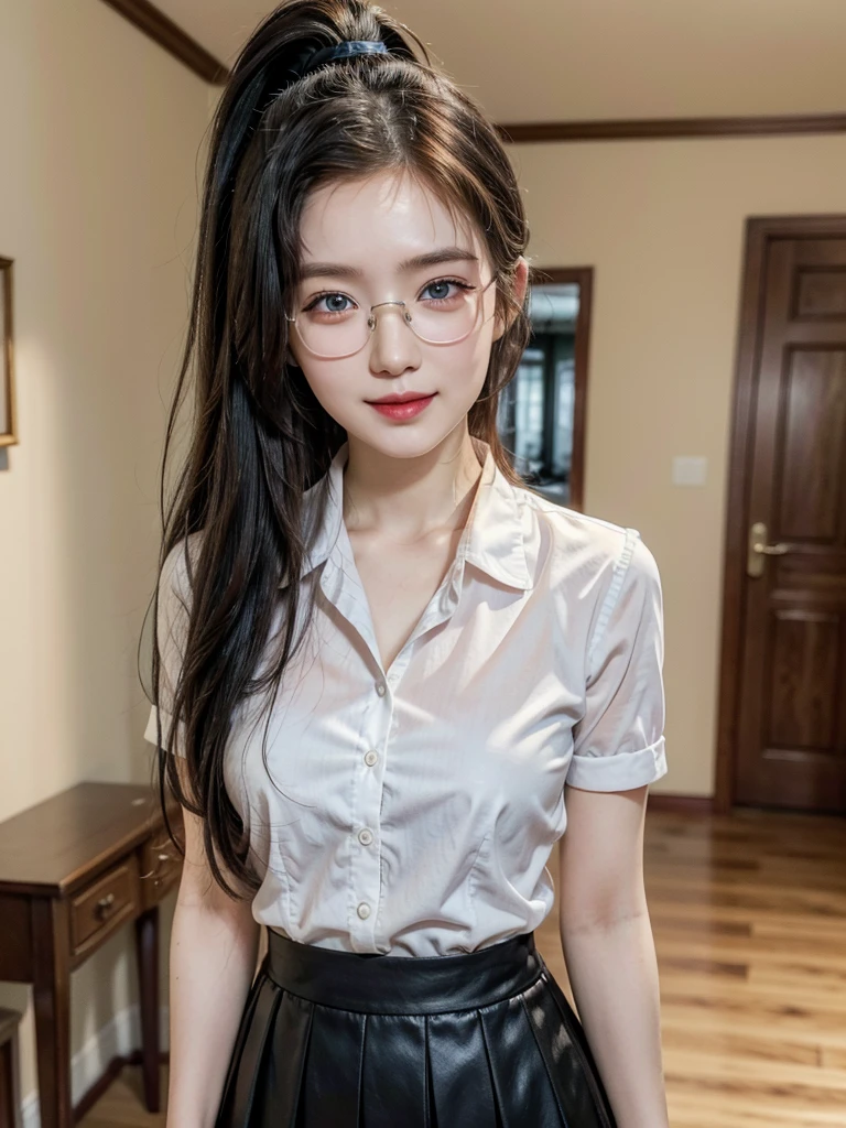 ((Best quality, masterpiece, detailed)), (RAW, 4k, hd images), shy, 1 girl, 20 years old, white skin, long hair, ponytail, layers hair, bangs, black hair, beautiful girl, cute girl, sweet girl, pretty girl, perfect girl, perfect eyes, pretty eyes, blue eyes, thin lips, thin, (eye line, lip stick soft) perfect , glasses(detailed frame), indoors, smile, formal clothes, short skirt, standing