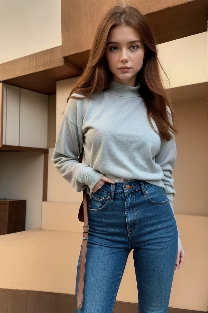 Editorial Photography 90's style, a gorgeous serbian girl with long ginger hair. Burgundy leather jacket, sweater, skinny denim pants and riding boots, she carries a leather backpack with her. The air is clear, calm and quiet ambient, detailed soft pale skin. 35 mm. (nikon d850), realistic skin texture, atractive features, dream beauty, ethereal beauty from Serbia, she has an angelical face and she's delicacy and sweetness in person.