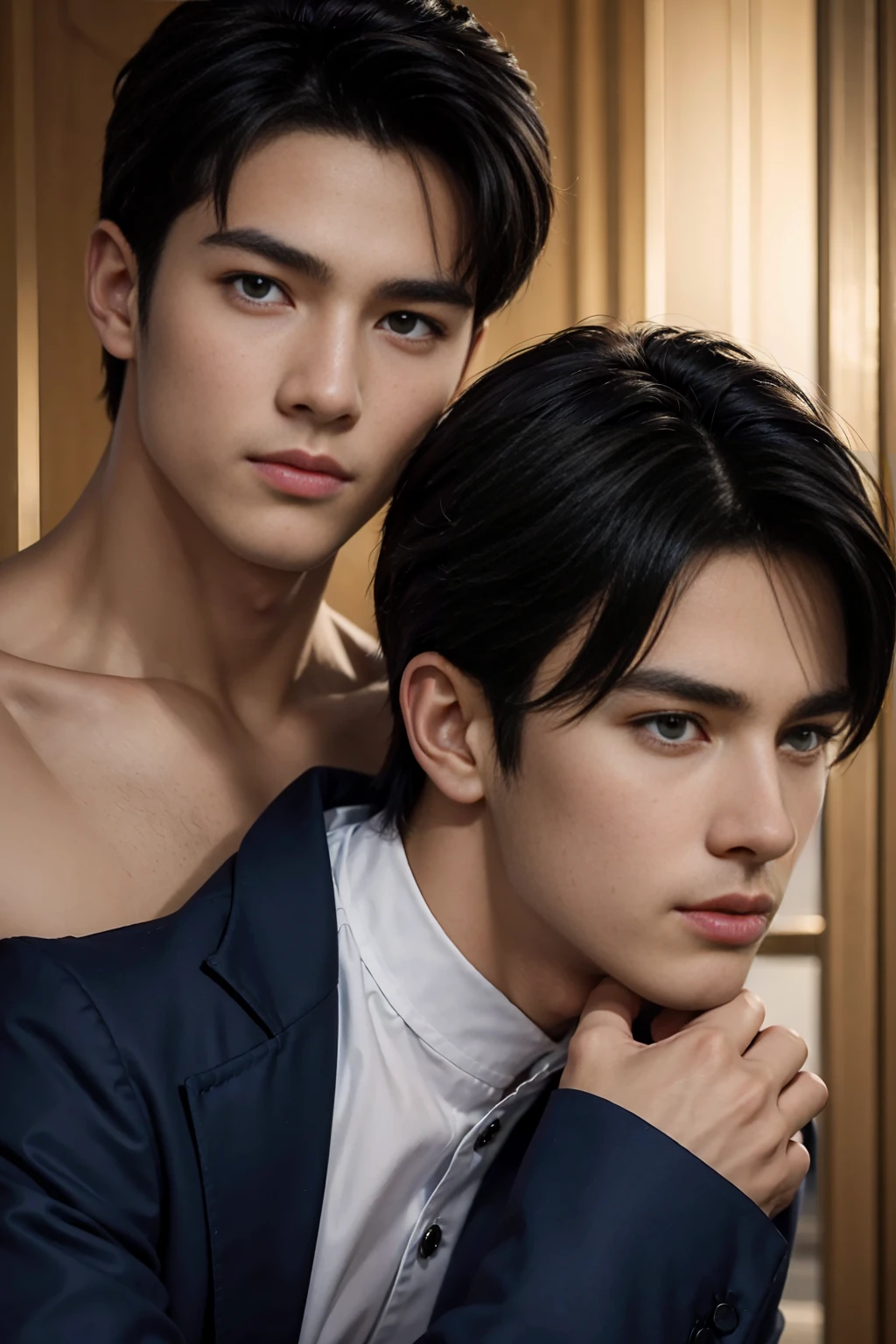 ((masterpiece)),((best quality)),8K,high detail,Very detailed, Very manly,3 men, like,fashion pose, Realistic skin texture, Light,
Royal blue style couple