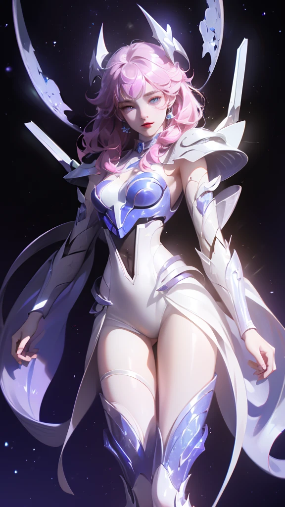 ((girl, Mecha)), Glowing eyes, Blue pupils,Smile,Armor damage, Mecha少女,Long hair, Ceramic body, Thigh gap, ((The background is a city with a sense of technology)),The starry sky is brilliant, (translucent, Reflective Skin), (Surrealism: 1.4)