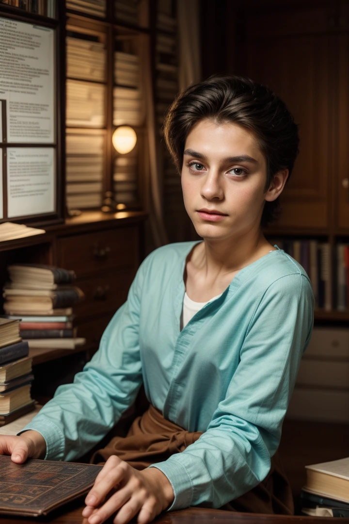 A young male twink boy, cute, beautiful, feminine, with a beautiful face with makeup, black hair, and his eyes have dark circles under them. He is wearing a long-sleeved aquamarine shirt and white jeans. He is in the College of Medicine, studying on the blackboard with brain anatomy written on it. He is sitting at a desk with scientific books on it.  Medical and brain anatomy manuscripts