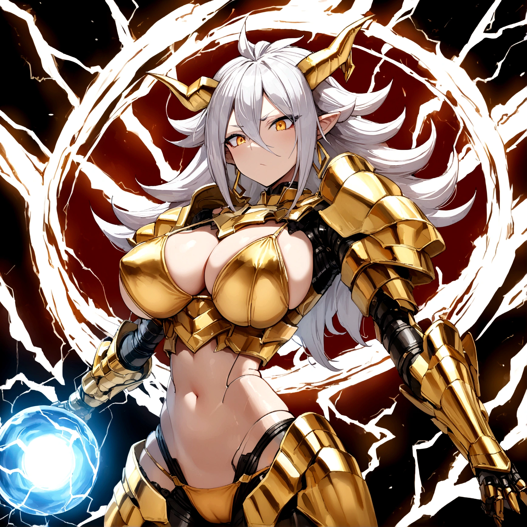 ((Lightning Power)), ((Electricity)), ((Fire Background)), ((Lightning Storm)), ((Power Erupting)), (((((android 21))))), (((Evil Power))), (((white Coat))), (((Busty))), (((((Big breast:1,3)))), luxury bustier corset, (((silver hair))), (((Very slim waist))), propotional body, ((Gorgeous)), (((Fire Blazing Horns))), ((((gold wings))), masterpiece, hyperdetail, ambient effect, digital effect, (((Fire Gold Bikini Armor))), (((Lightning Gold Wings))), ((((Gigantic Rasengan)))),
