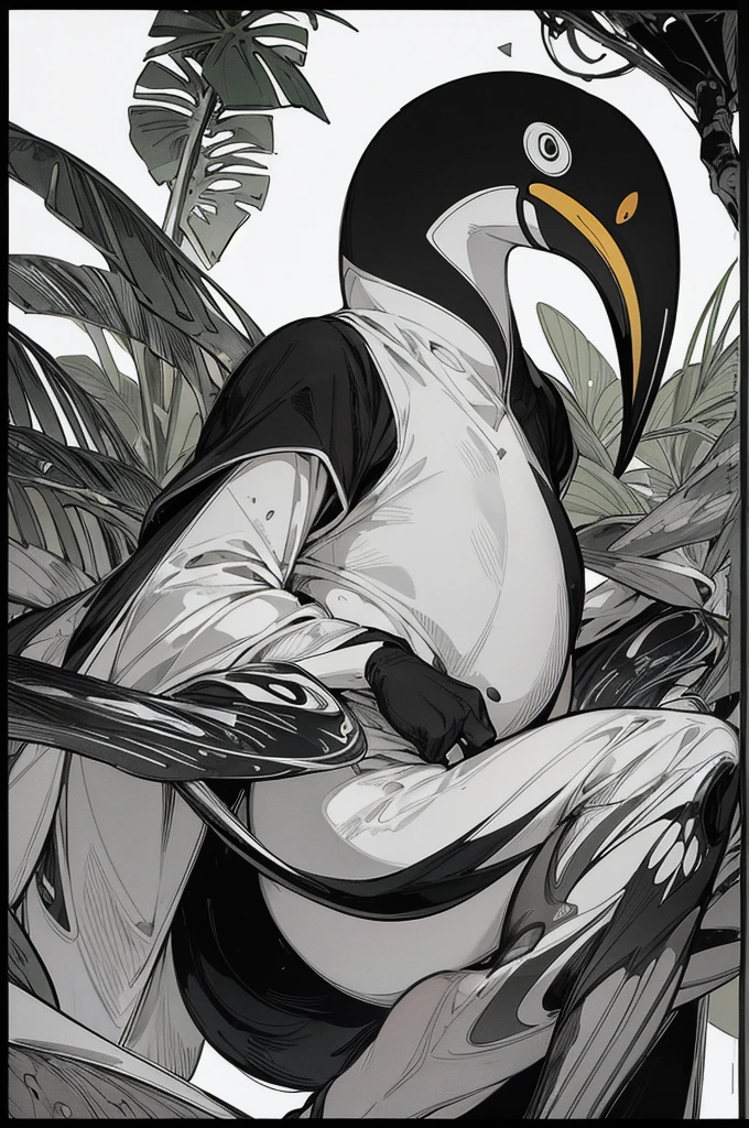 As a coloring book, white and black color, borders should be simple, clear, distinct, and thick lines, By Cartoon Style of [Toucan], sitting on a [Tropical Fruit], in a [Jungle], with [Orchids]