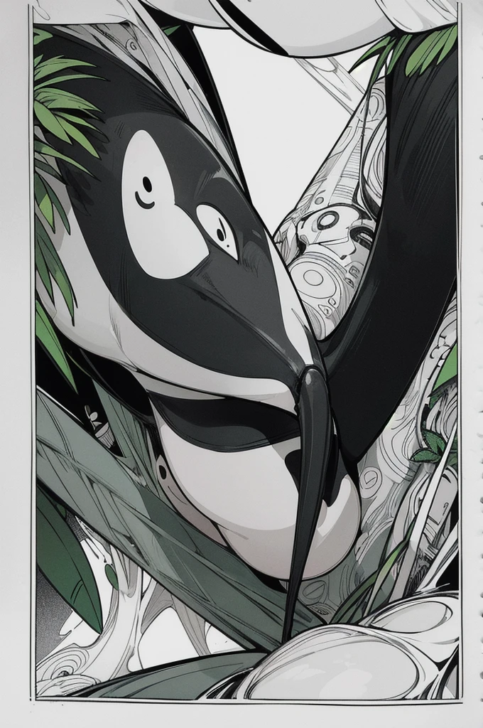 As a coloring book, white and black color, borders should be simple, clear, distinct, and thick lines, By Cartoon Style of [Toucan], sitting on a [Tropical Fruit], in a [Jungle], with [Orchids]