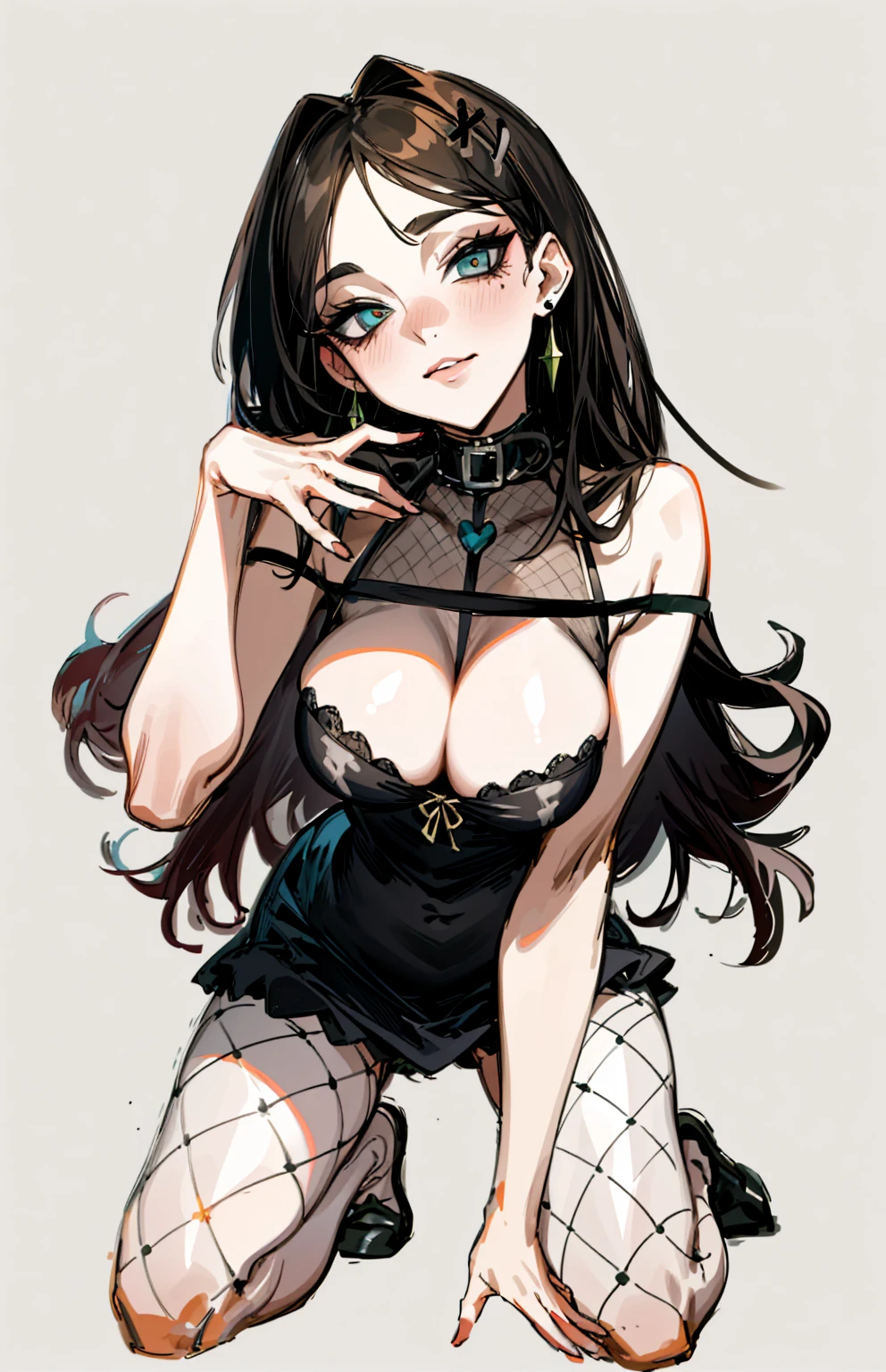 （best quality，masterpiece：1.2，detailed details，4k），((masterpiece)), ((best quality)), (ultra-detailed), anime style,large , slim, slender, ashamed,  ，Kneeling,Girl with modern gothic makeup, fair skin, long legs, black eyeshadow, camisole, plump figure, earrings and lip studs, fishnet stockings, posing in an attractive pose, lovable expression