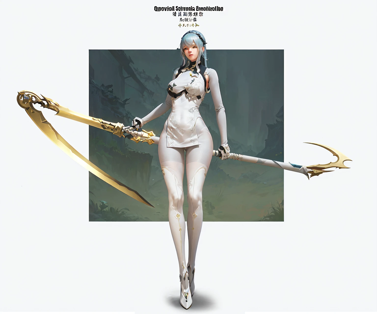 There was a woman with a sword，Wearing tights, Neil inspired, The Opai of Biomechanics, OPPEIN PROPORTION, Full body fairy, Simple Futuristic Queen, pixiv 3dcg, The Goddess of Sorrow, Neil:Automata inspired, Neil : Automata inspired, guweiz masterpiece, She holds a long stick