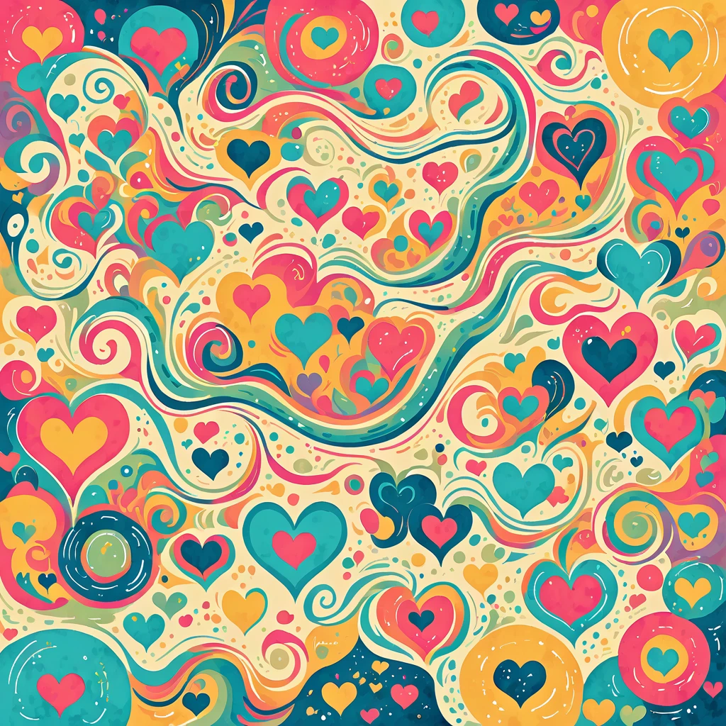 Mai Yoneyama style, Simple Line Initialism,Abstract art,Urban Background, colorful hearts ,colorful flowers, No people