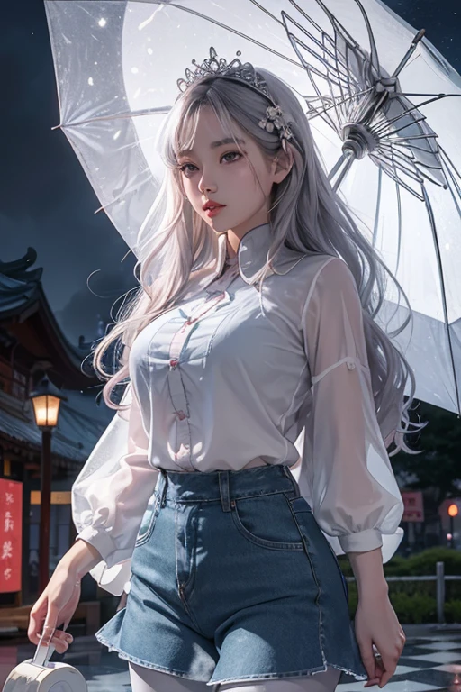 On the rainy playground, the girl hit the umbrella above her head, and held an umbrella in her other hand, blue denim leggings, masterpiece superb night moon full moon 1 female mature woman, Chinese sister royal sister cold face showing silver white long hair woman light pink lips calm intellectual three banded gray elementary school student assassin lantern lantern flower ball background strolling street scene, long hair shawl,