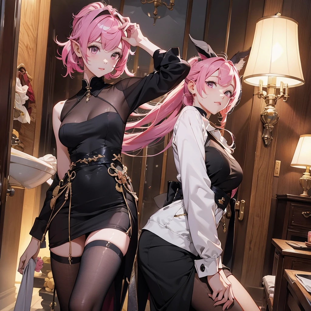 Highest quality、masterpiece、High sensitivity、High resolution、Detailed Description、Slim Body、pink perl hair、black dressed、wing ear