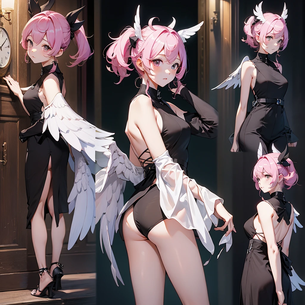 Highest quality、masterpiece、High sensitivity、High resolution、Detailed Description、Slim Body、pink perl hair、black dressed、wing ear