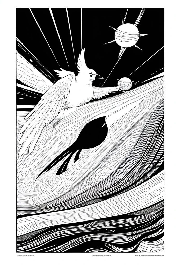 As a coloring book, white and black color, borders should be simple, clear, distinct, and thick lines, By Cartoon Style of [Cardinal], flying in the [Sky], with [Clouds], and [Sunbeams]