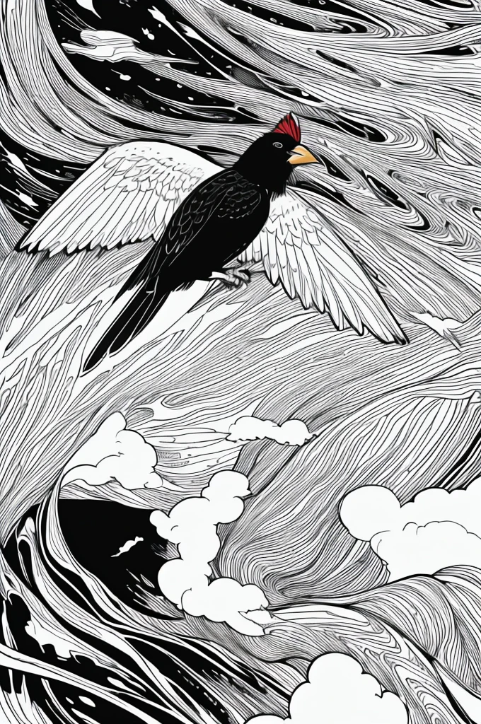 As a coloring book, white and black color, borders should be simple, clear, distinct, and thick lines, By Cartoon Style of [Cardinal], flying in the [Sky], with [Clouds], and [Sunbeams]