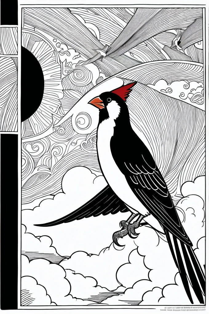 As a coloring book, white and black color, borders should be simple, clear, distinct, and thick lines, By Cartoon Style of [Cardinal], flying in the [Sky], with [Clouds], and [Sunbeams]