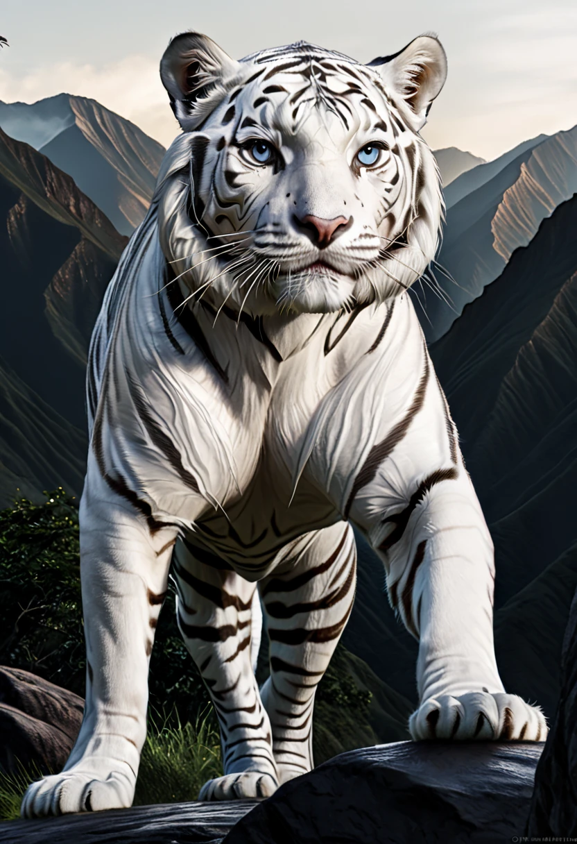 white tiger giving a great contrast against the black mountains, 8k, ultra hd, hyper detailed