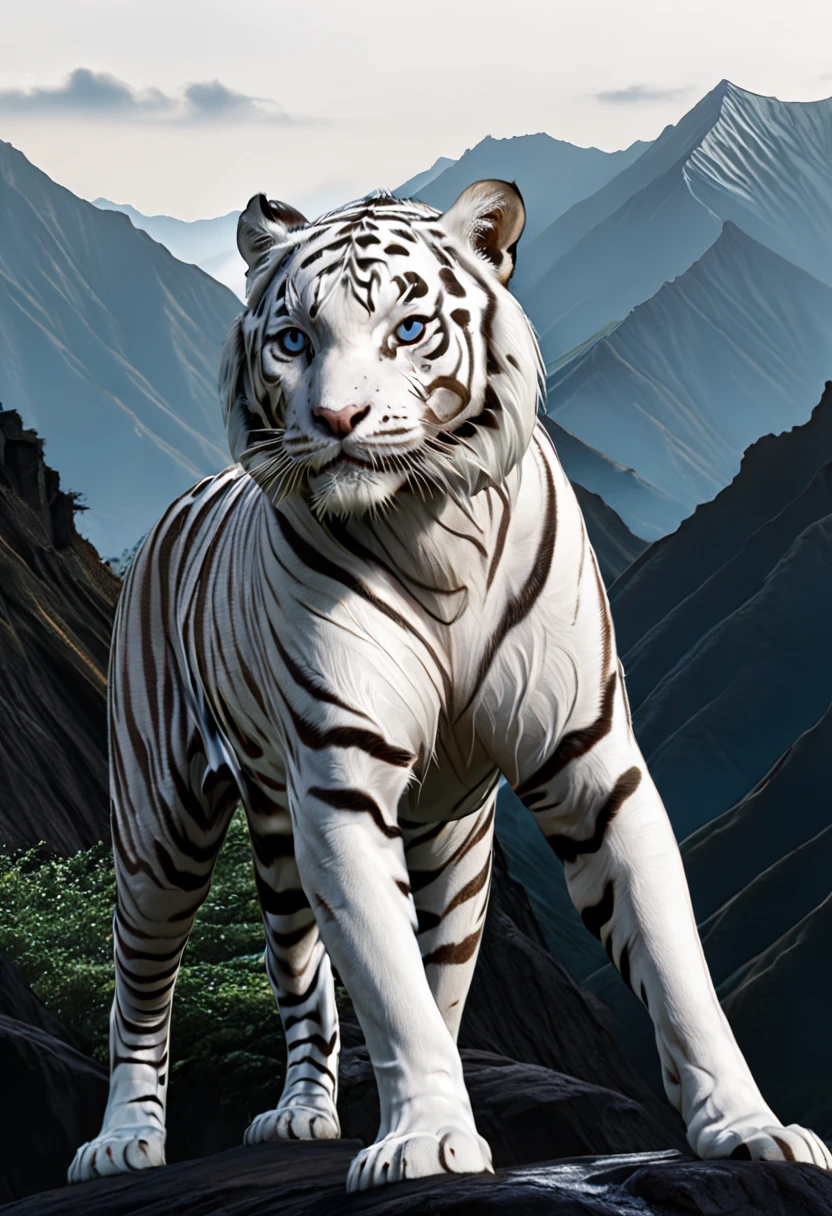 white tiger giving a great contrast against the black mountains, 8k, ultra hd, hyper detailed