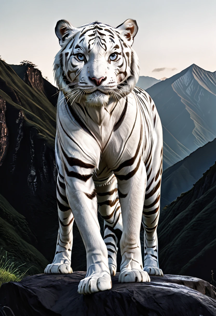 white tiger giving a great contrast against the black mountains, 8k, ultra hd, hyper detailed