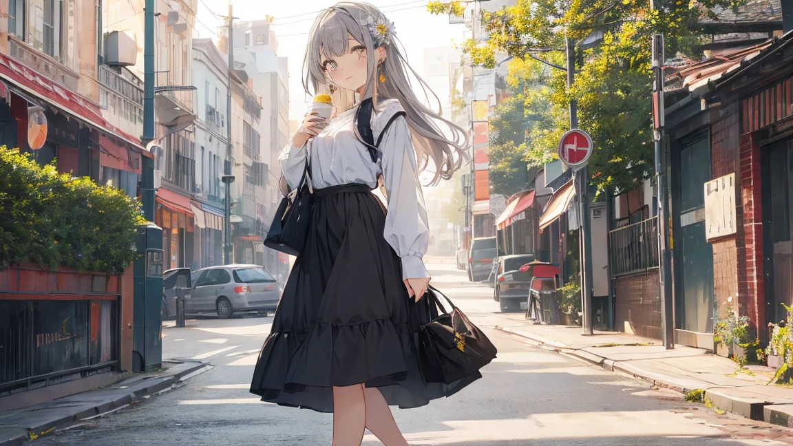 (masterpiece:1.2), Highest quality,Pixiv,pretty girl , 1 Girl, flower, cup, have, Bob Hair, Gray Hair, bag, High heels, food, jewelry, Earrings, Looking at the audience, smile, Holding, Long Hair, Inner Color、alone, fruits, Knee-length dresses, handbag, Grey Eyes, Colorful shoes, bird, yellow flower, envelope, whole body, white flower, shirt,Are standing, Valentine's day color、Colorful background、