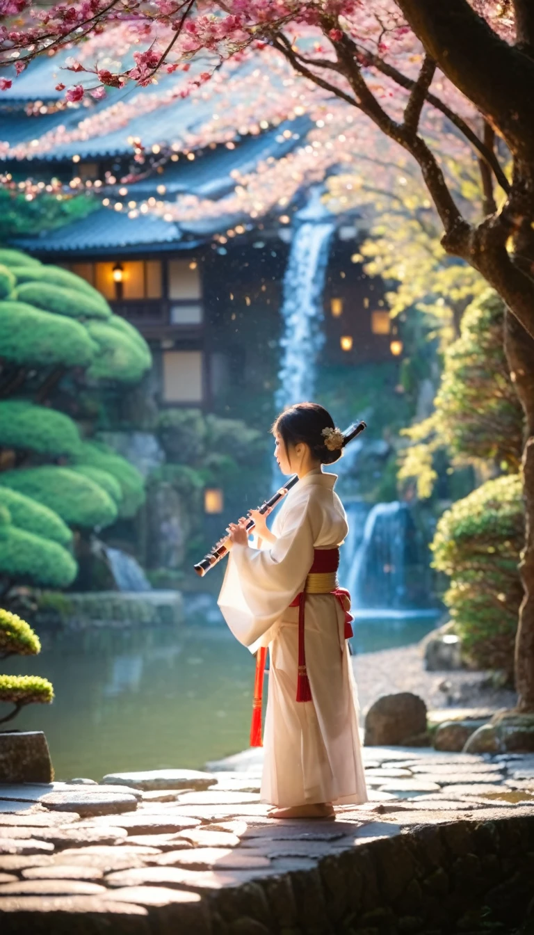 girl in traditional japanese costume playing flute, ancient house lit up with lights, big cherry tree, flowing waterfall flowing, beautiful girl, tiny eyes, tiny face, tiny hands, quiet morning atmosphere, soft focus, warm light, elegant rose petals, Japanese Zen garden, majestic beautiful blue lake in the background, peaceful mountains, mysterious mist, warm color effect, delicate bokeh effect, shallow DOF, Takashi Hiroaki's style, Japanese ink painting, high contrast, cinematic, surreal, 8k, detailed texture, vibrant colors, intricate details, meditative atmosphere