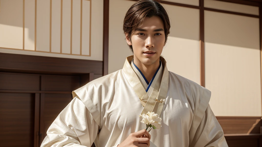 Drawing of a tall, handsome young man with a bright and kind face, wearing Hanfu, inspired by Emperor Xuan Duc,