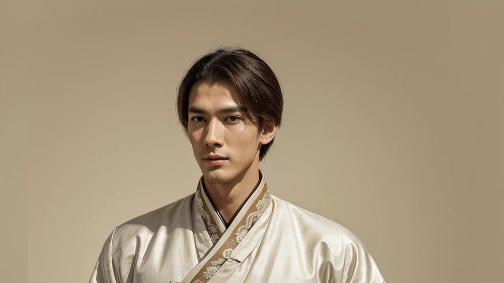 Drawing of a tall, handsome young man with a bright and kind face, wearing Hanfu, inspired by Emperor Xuan Duc,