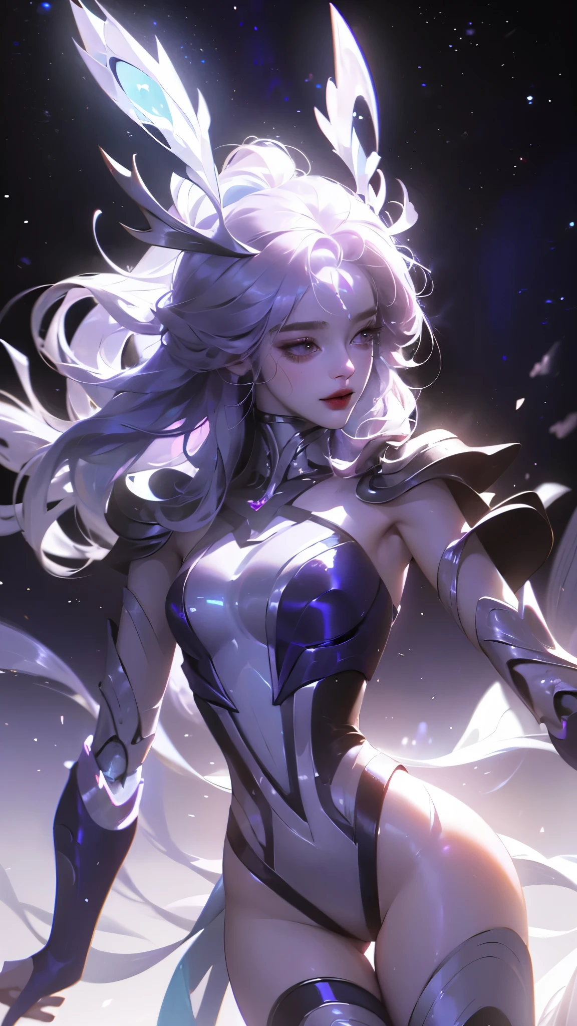 ((girl, Mecha)), Glowing eyes, Blue pupils，Smile，Armor damage, Mecha少女,Long hair, Ceramic body, Thigh gap, ((The background is a city with a sense of technology)),The starry sky is brilliant， (translucent, Reflective Skin), (Surrealism: 1.4)