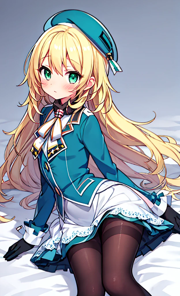 masterpiece,Highest quality,1 Girl,alone,blush with embarrassment,Pokemon-like art style,(Bold:1.6),(flat:1.5), Atago, (Fleet Collection),(Portraiture:1.2),blonde_hair,length_hair,big_chest,Have,beret,green_eye,green_eye,black_gloves,black INNER SKIRT,uniform,pantyhose, slit_blue long skirt,