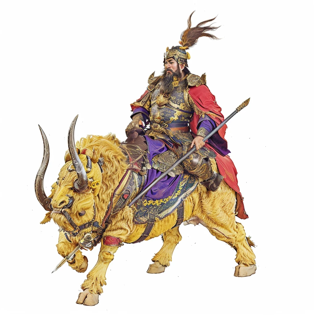 an ancient chinese warrior with beard riding a yellow furry bull with a spear,