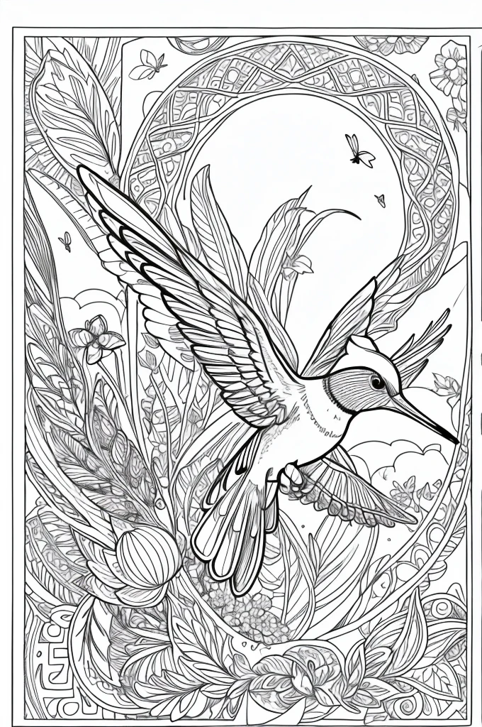 As a coloring book, white and black color, borders should be simple, clear, distinct, and thick lines, By Cartoon Style of [Hummingbird], hovering near a [Flower], in a [Garden], with [Butterflies]