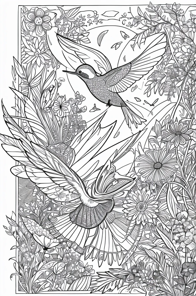 As a coloring book, white and black color, borders should be simple, clear, distinct, and thick lines, By Cartoon Style of [Hummingbird], hovering near a [Flower], in a [Garden], with [Butterflies]