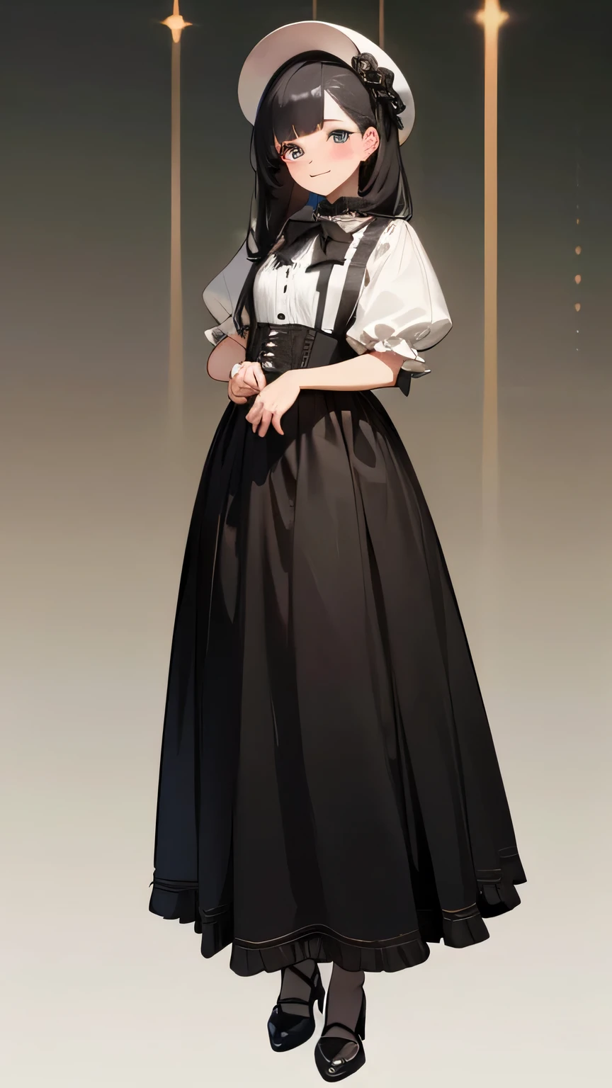 Girls and ta,Age 18 years,stand up,Wear black and white loliappy smile,Feminization of facial features,Black straight hair,calm pose,porcelain skin,Subtle blush,a white wall,Role reduction,Full body image,wear high heel shoes(((masterpiece),(Very detailed CG unified 8k wallpaper),best quality,,solo,1 girl,movie lighting,Detailed background,,Super detailed,masterpiece,)),Super detailed,Official Art,unity 8k wallpaper,2.5D thick coating,Eyes of the same size