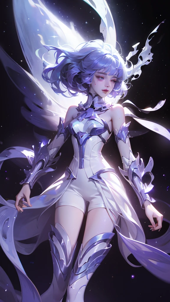((girl, Mecha)), Glowing eyes, Blue pupils，Smile，Armor damage, Mecha少女,Long hair, Ceramic body, Thigh gap, ((The background is a city with a sense of technology)),The starry sky is brilliant， (translucent, Reflective Skin), (Surrealism: 1.4)