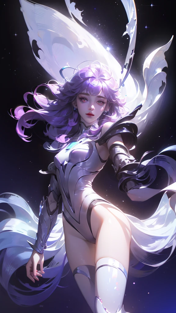 ((girl, Mecha)), Glowing eyes, Blue pupils，Smile，Armor damage, Mecha少女,Long hair, Ceramic body, Thigh gap, ((The background is a city with a sense of technology)),The starry sky is brilliant， (translucent, Reflective Skin), (Surrealism: 1.4)