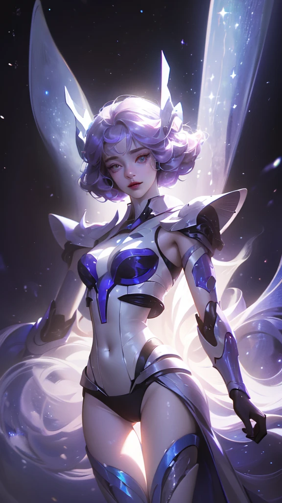((girl, Mecha)), Glowing eyes, Blue pupils,Smile,Armor damage, Mecha少女,Long hair, Ceramic body, Thigh gap, ((The background is a city with a sense of technology)),The starry sky is brilliant, (translucent, Reflective Skin), (Surrealism: 1.4)