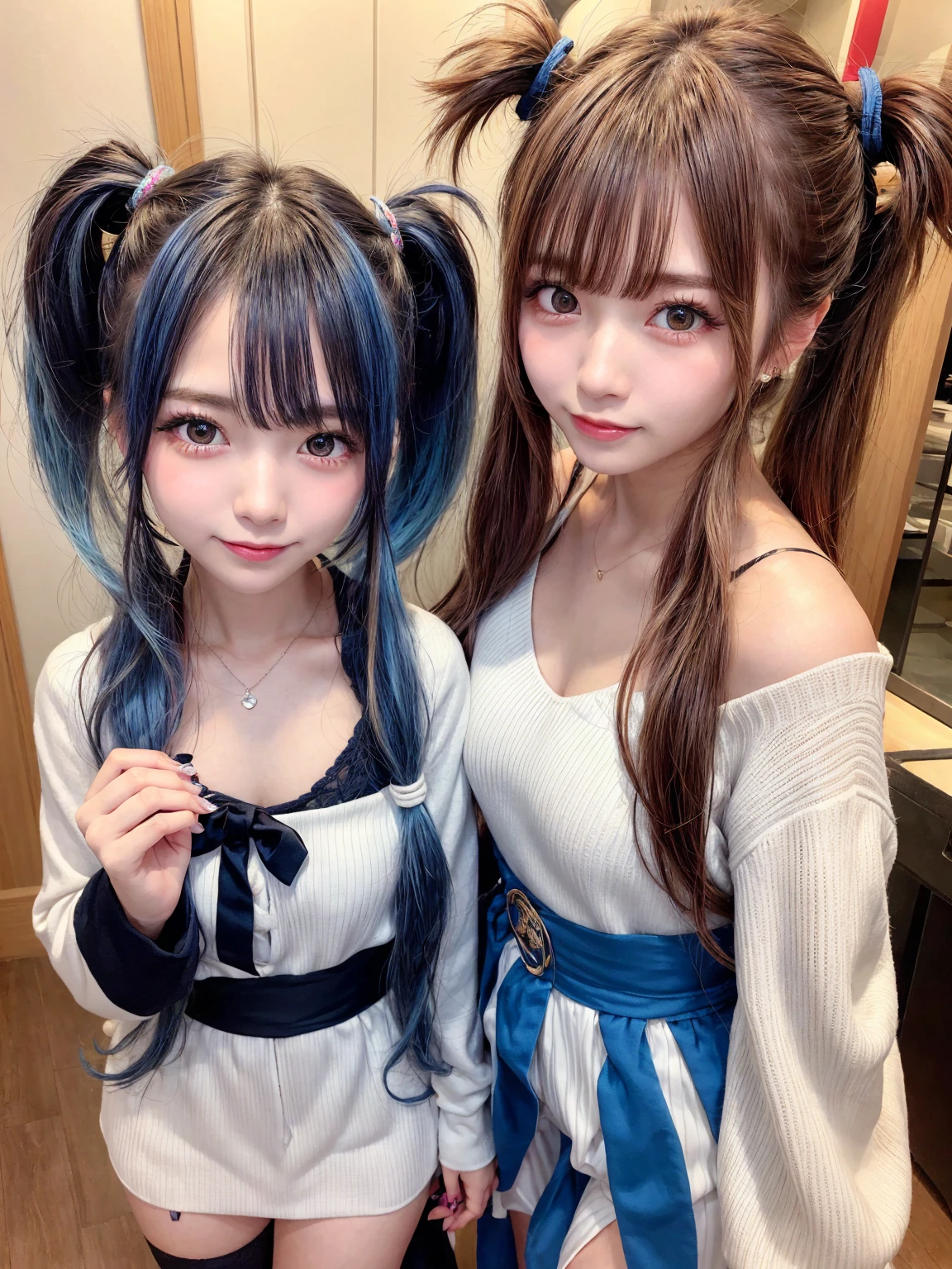 Two girls with long hair, one with blue hair, posing for a photo, Twin tails, Ayami Kojima and Ryde Caldwell, dlc, Hime cut, nixeu and sakimichan, Portrait of a Japanese Gal, Yoshitomo Nara and Aya Takano, Twin tails hairstyle, Naughty Style, Harajuku Hair, Larisa Manovar