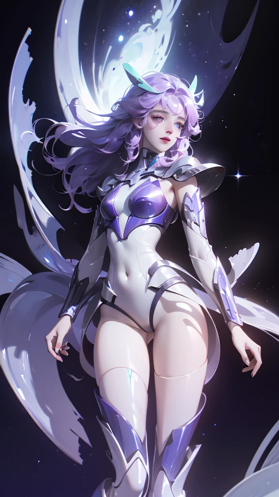 ((girl, Mecha)), Glowing eyes, Blue pupils,Smile,Armor damage, Mecha少女,Long hair, Ceramic body, Thigh gap, ((The background is a city with a sense of technology)),The starry sky is brilliant, (translucent, Reflective Skin), (Surrealism: 1.4)